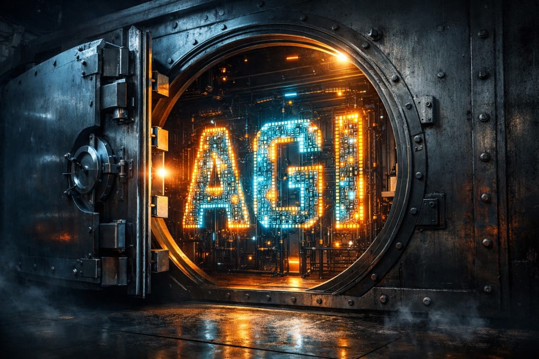 A heavy steel vault door closing on the glowing letters “AGI,” formed from microchips and circuitry, symbolizing the containment of artificial general intelligence.
