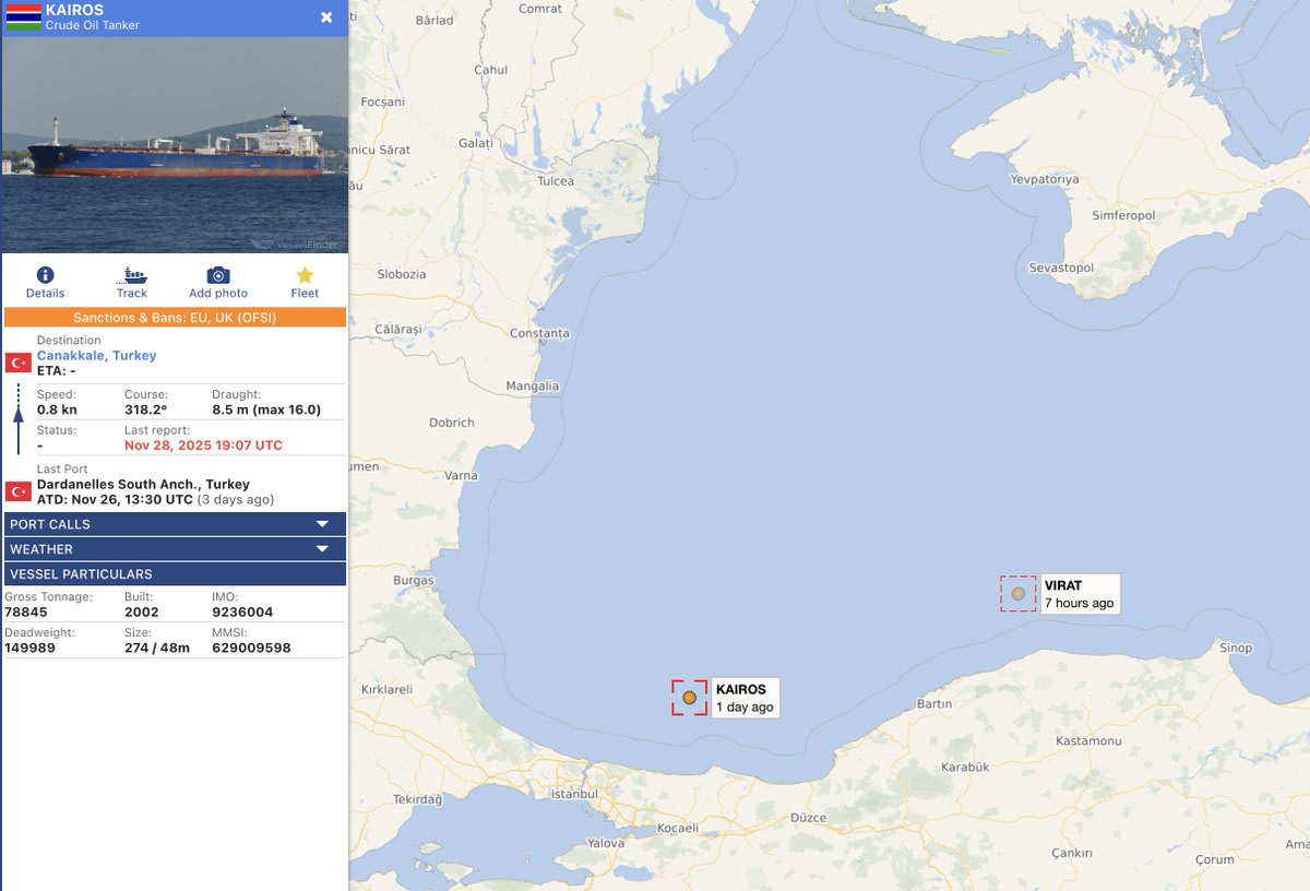 KAIROS #VIRAT last tracked AIS data for both virat and kairos, two oil  tankers of the russian shadow fleet, the pair targeted and hit by ukraine  naval drones. both strikes close to