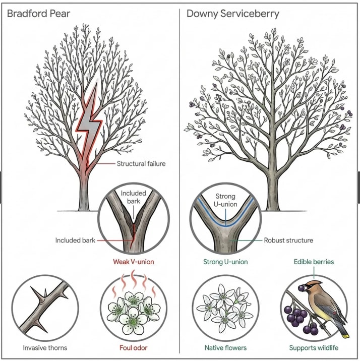 Bradford pear Wake Forest infographic comparing the negative traits of the Bradford Pear tree to the positive traits of the Downy Serviceberry tree.  On the left side, the Bradford Pear tree is depicted with a lightning bolt graphic through its trunk, labeled "Structural failure." Below the tree are three circular callouts: A close-up of a sharp branch crotch labeled "Included bark" and "Weak V-union." A branch with long thorns labeled "Invasive thorns." A cluster of white flowers with wavy red lines emanating from them, labeled "Foul odor." On the right side, the Downy Serviceberry tree is depicted as healthy and full. Below it are three corresponding circular callouts: A close-up of a wider, rounded branch crotch labeled "Strong U-union" and "Robust structure." A cluster of white flowers labeled "Native flowers." A bird perched on a branch eating dark purple berries, labeled "Edible berries" and "Supports wildlife."