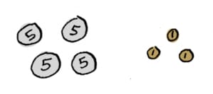 Illustration of four nickels and three pennies Illustration of four nickels and three pennies