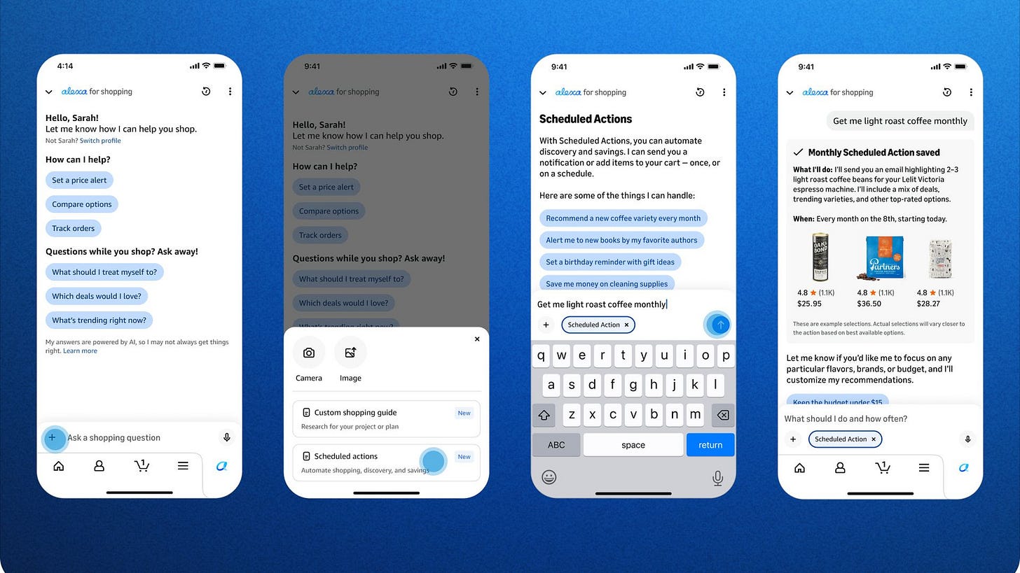 Four smartphone screens on a blue background showing Alexa for shopping. Left: greeting Hello, Sarah! with blue action pills; middle: dimmed view; third: Scheduled Actions; right: Monthly coffee action with saved card.