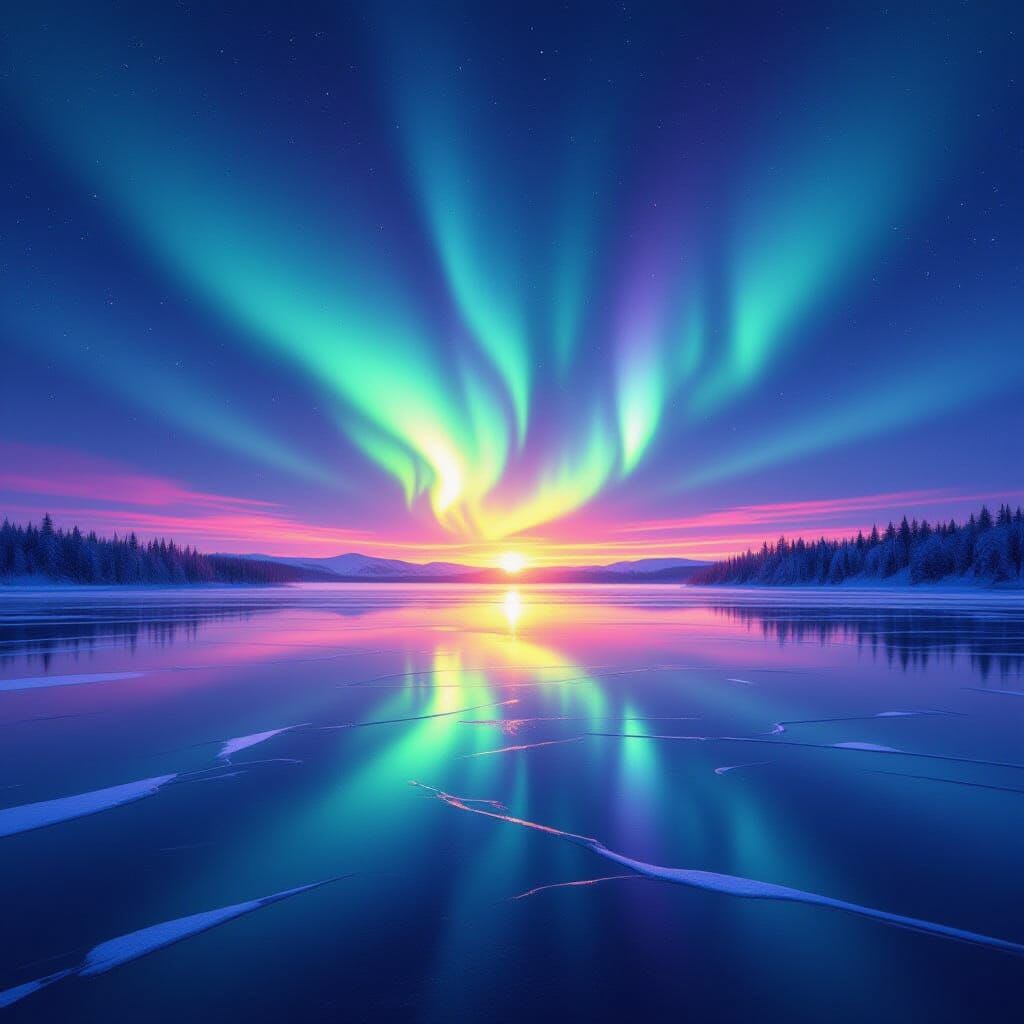 A vibrant, impossibly colorful aurora borealis dancing over a perfectly still, frozen lake. The brilliant greens, purple… A vibrant, impossibly colorful aurora borealis dancing over a perfectly still, frozen lake. The brilliant greens, purple…