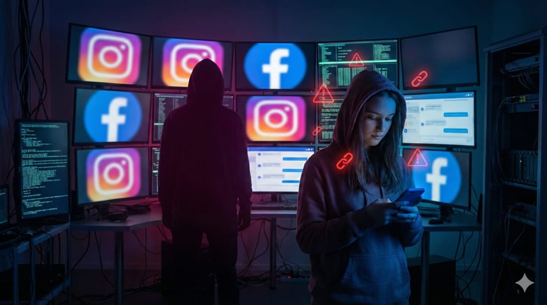 A teen stands in front of glowing social media screens while a shadowy predator silhouette lurks behind a digital control room.