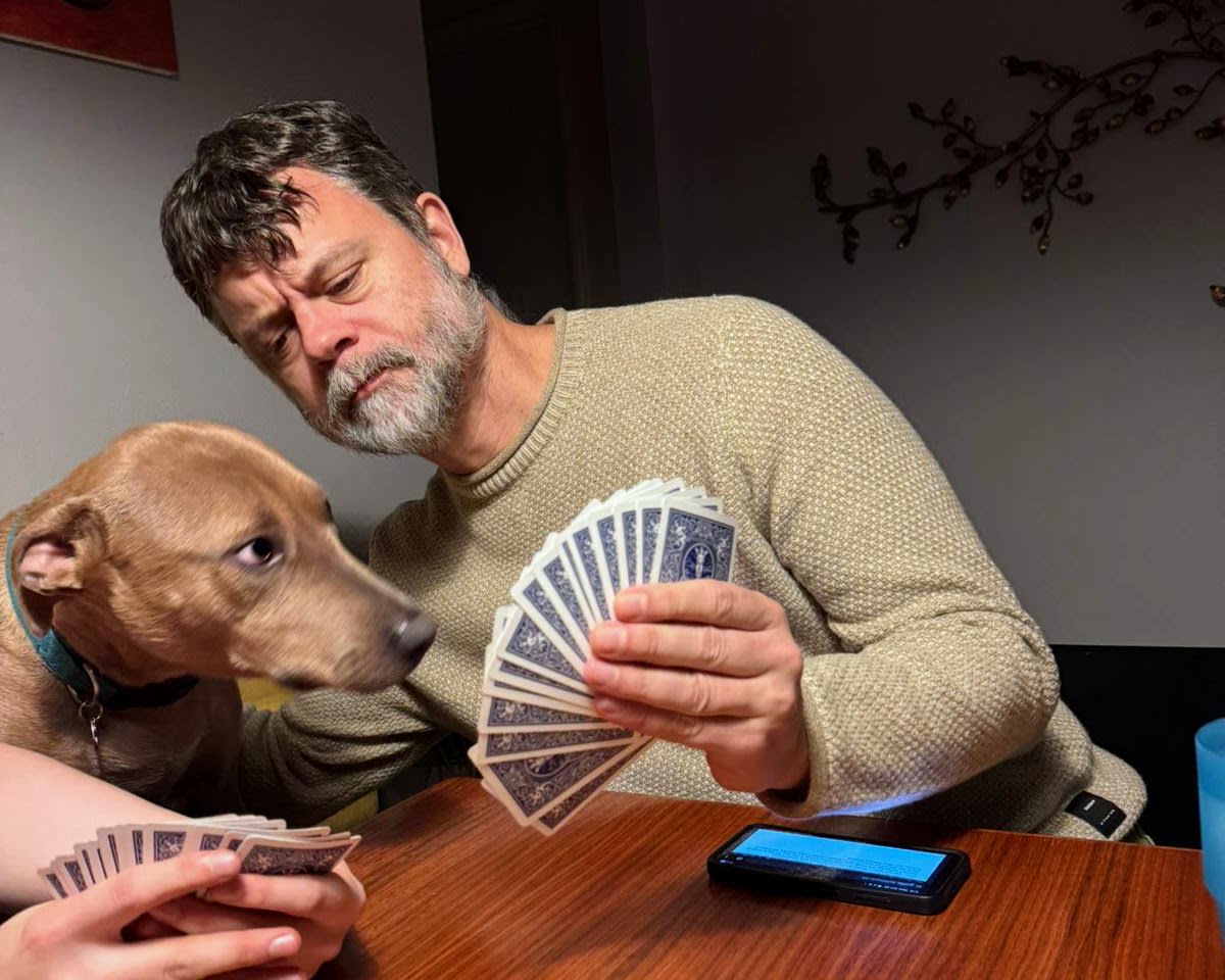 Abner and I trying to figure out how to play our cards.