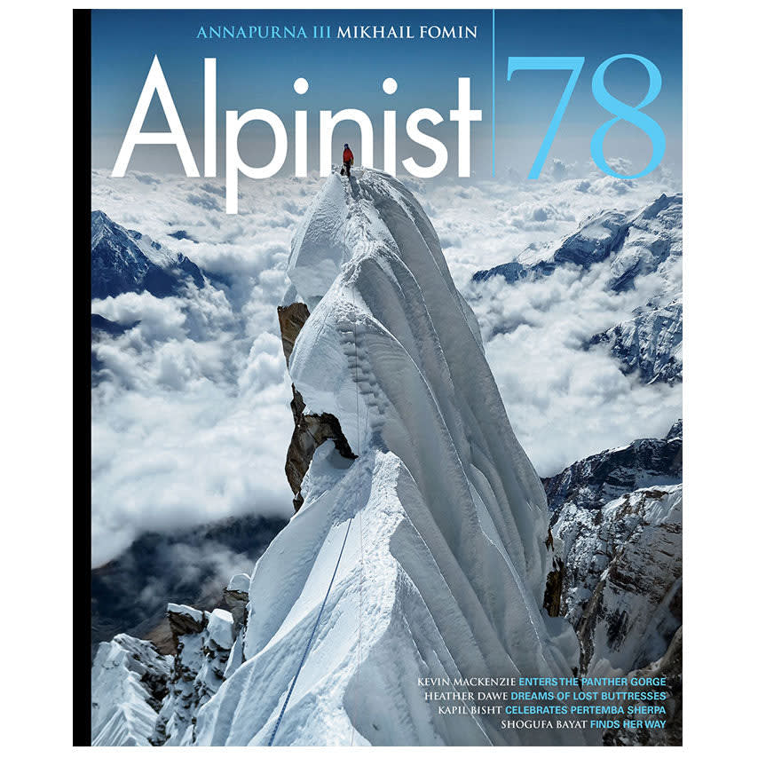 cover of Alpinist 78, showing climber on snowy mountain ridge cover of Alpinist 78, showing climber on snowy mountain ridge