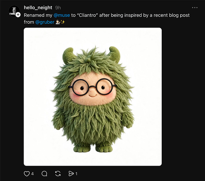 Two Threads posts: @hello_neightās Cilantro, a green furry Muse with glasses, and Jessica Hischeās Mister Business, three fluffy creatures in a trench coat.