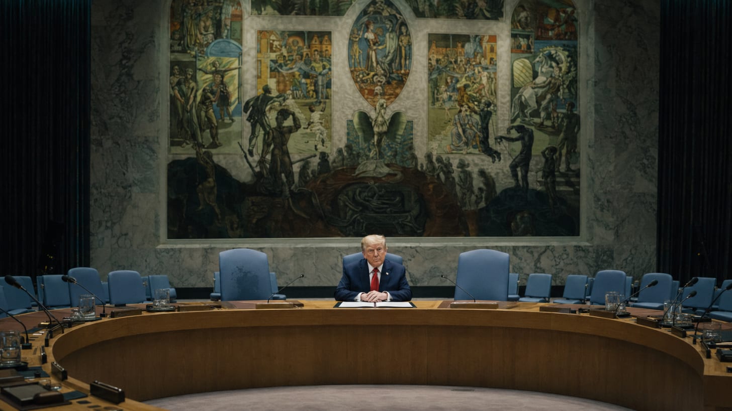 Interior of the United Nations Security Council chamber photographed from a low three-quarter angle, with President Donald Trump seated at the central position of the horseshoe table beneath the Per Krohg mural; chamber otherwise empty.