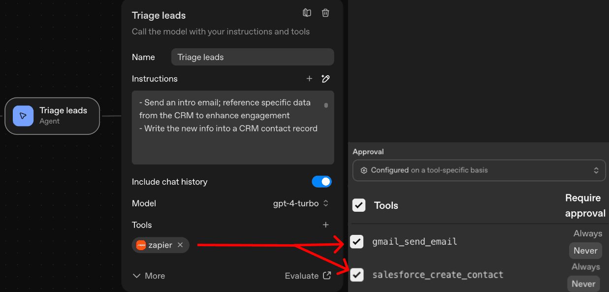Diagram showing the configuration of an Agent called 'Triage leads' which has the ability to send emails or create Salesforce contacts using Zapier MCP tools. The tools are set to 'never' require human approval. The model used is GPT 4 Turbo. Diagram showing the configuration of an Agent called 'Triage leads' which has the ability to send emails or create Salesforce contacts using Zapier MCP tools. The tools are set to 'never' require human approval. The model used is GPT 4 Turbo.