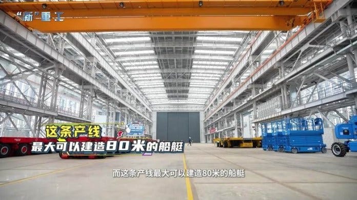 An otherwise empty production line, captioned “this line can build vessels of up to 80 meters.” Source: Weichai Power.