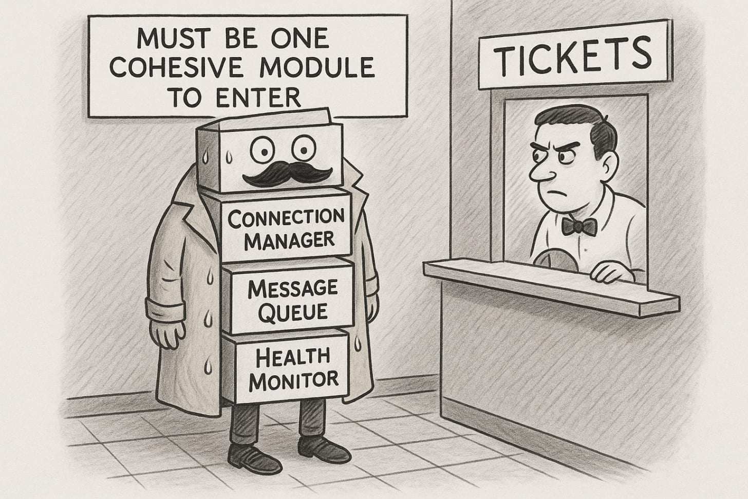  New Yorker cartoon meets tech documentation diagrams."