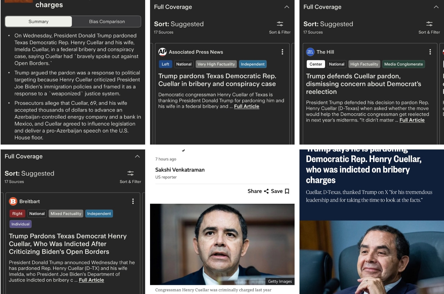 Real images from Ground News on the Henry Cuellar story