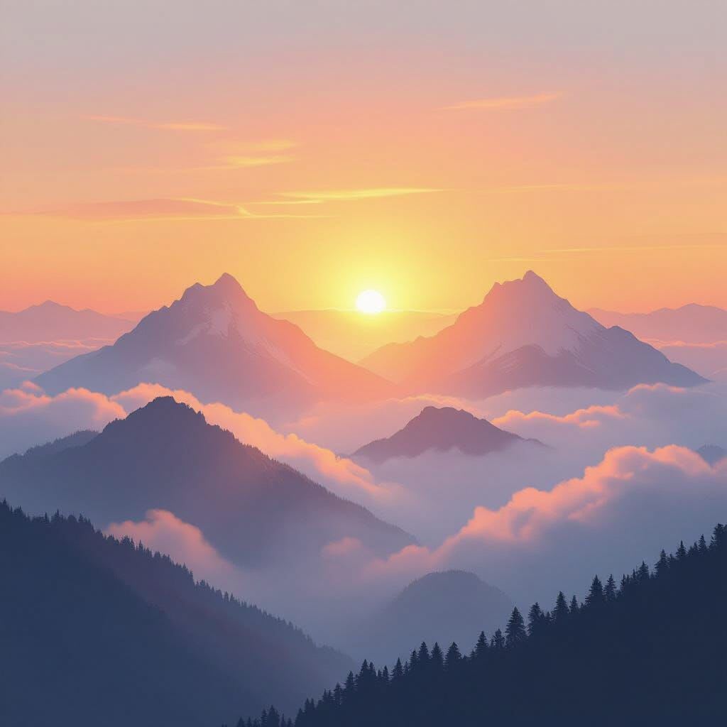 A glorious sunrise breaking through a dense, persistent fog, its rays simultaneously illuminating several distinct mount… A glorious sunrise breaking through a dense, persistent fog, its rays simultaneously illuminating several distinct mount…