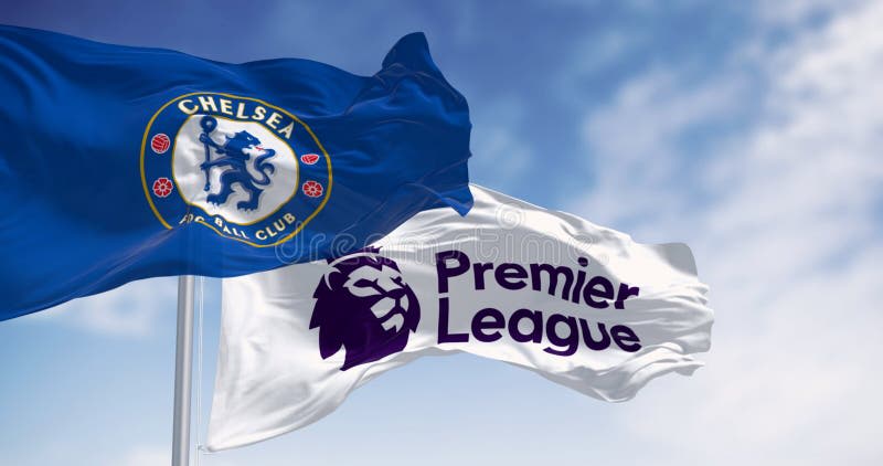 Chelsea Football Club and Premier League flags flying on a clear day Editorial image - Symbol illustration, crest: 308302484 Chelsea Football Club and Premier League flags flying on a clear day Editorial image - Symbol illustration, crest: 308302484