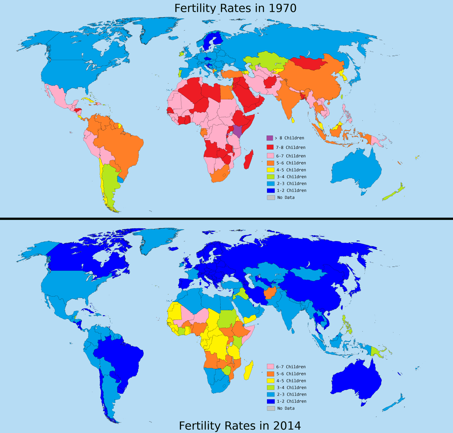 r/overpopulation - World map of fertility rates by country; 1970 vs 2014