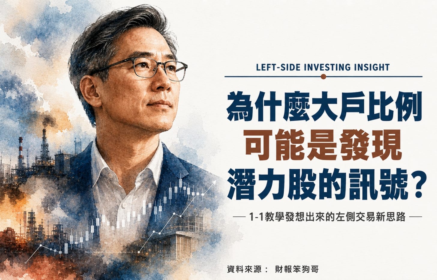可能是顯示的文字是「 LEFT-SIDEINVESTINGINSIGHT LEFT-SIDE INVESTING INSIGHT 為什麽大戶比例 可能是發現 潛力股的訊號？ -1-1数學發想出來的左側交易新思路- 資料來源：財報笨狗哥 財報笨狗哥 資料來源： 」的圖像