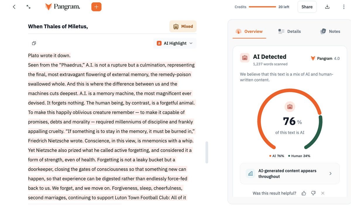 Pangram AI detector showing 76% AI-detected text essay.