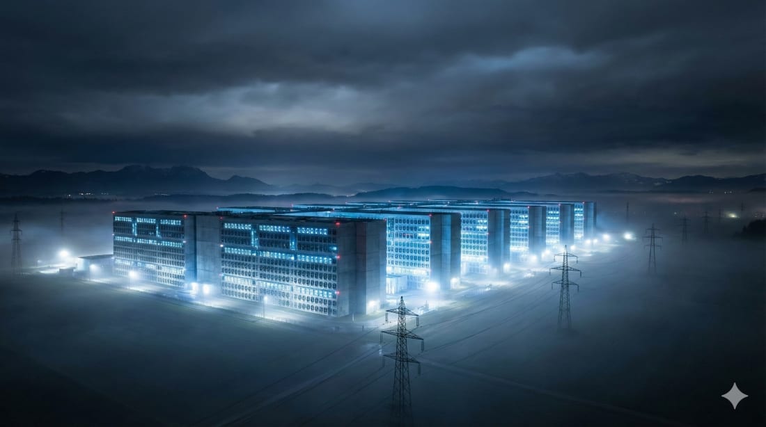 A colossal AI gigafactory glowing with blue light at night, surrounded by electrical towers and fog, symbolizing Europe’s massive push into frontier artificial intelligence.