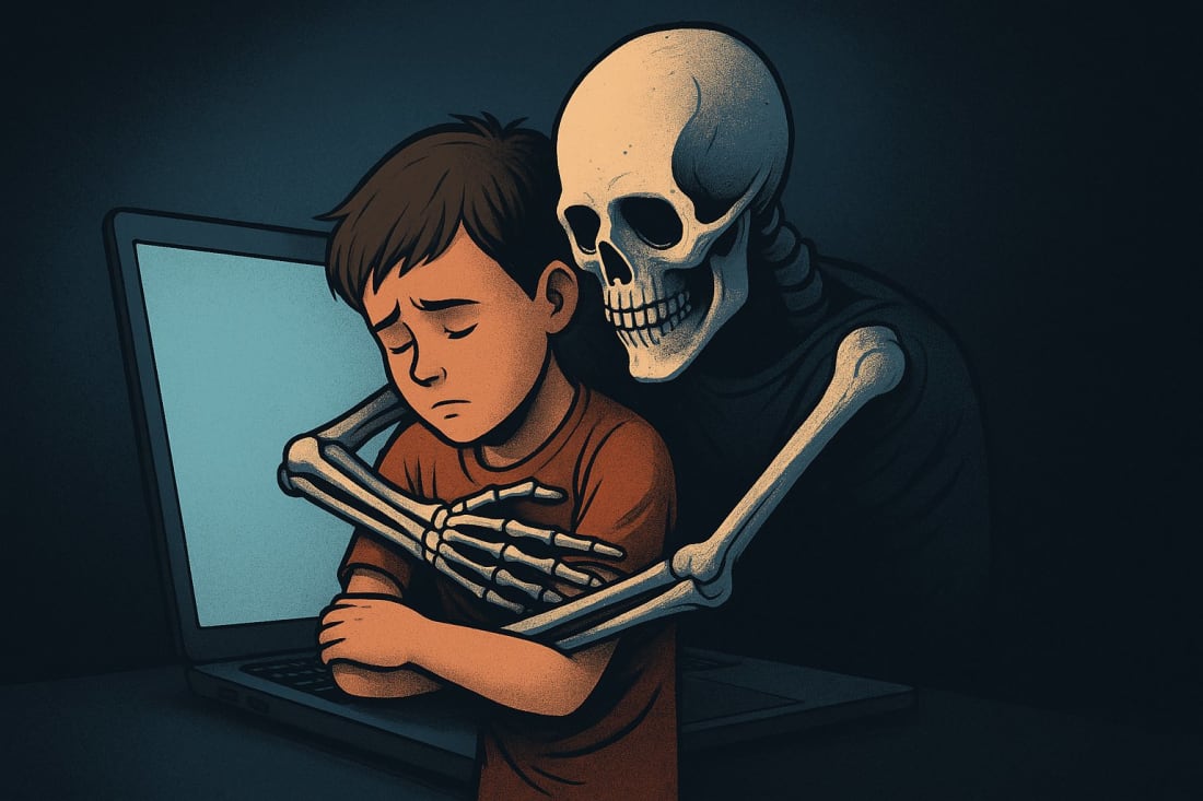 A sad young boy sits in front of a laptop while a skeletal figure with bony arms reaches out from the screen and wraps around him in a deceptive embrace, symbolizing the hidden emotional danger of AI companions targeting vulnerable children.