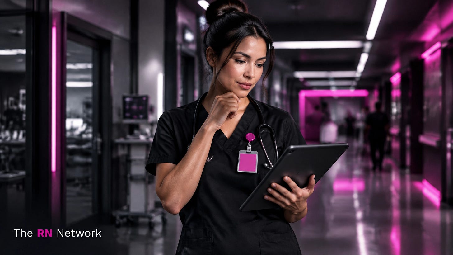 A nurse in black scrubs reviewing a career opportunity on a tablet, with The RN Network logo