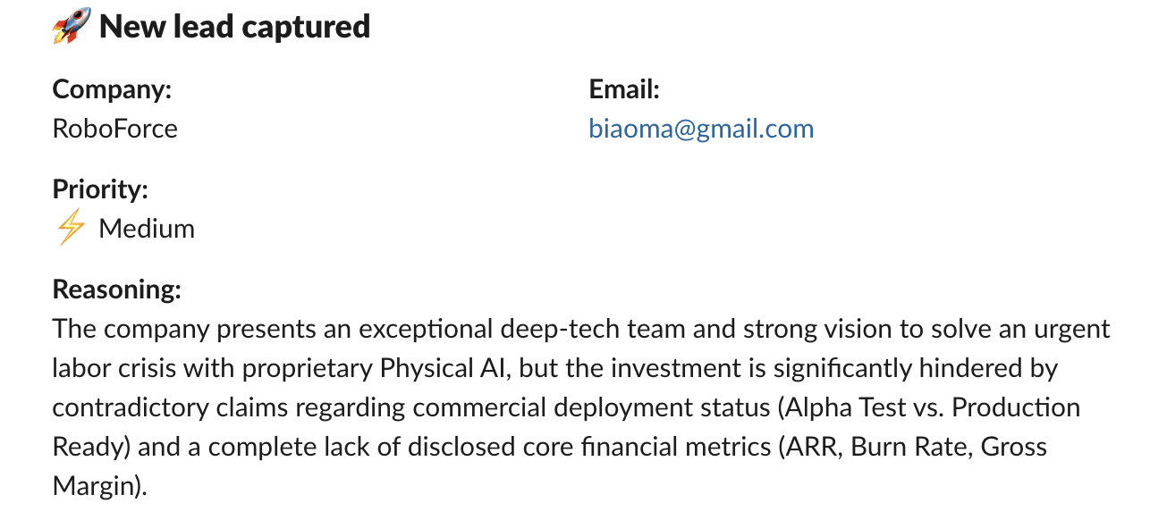 The workflow sends scores above a certain threshold (I’d recommend 75+) directly to your VC Slack sub-channel.