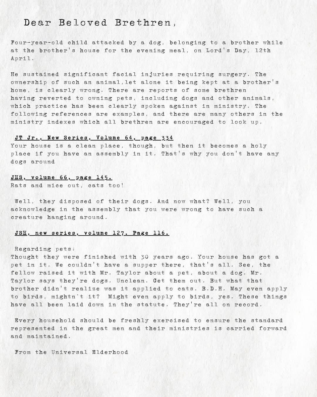 r/cults - Plymouth Brethren Christian Church Pet Ban Letter Read out!