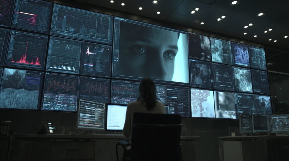 A woman sits at a workstation facing a wall of large digital screens displaying data charts, facial analysis, and monitoring dashboards, suggesting human speech and identity being analyzed by artificial intelligence systems.