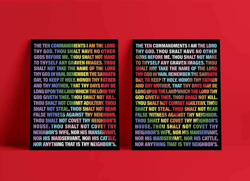 posters of rainbow ten commandments that use a cheveron pattern.