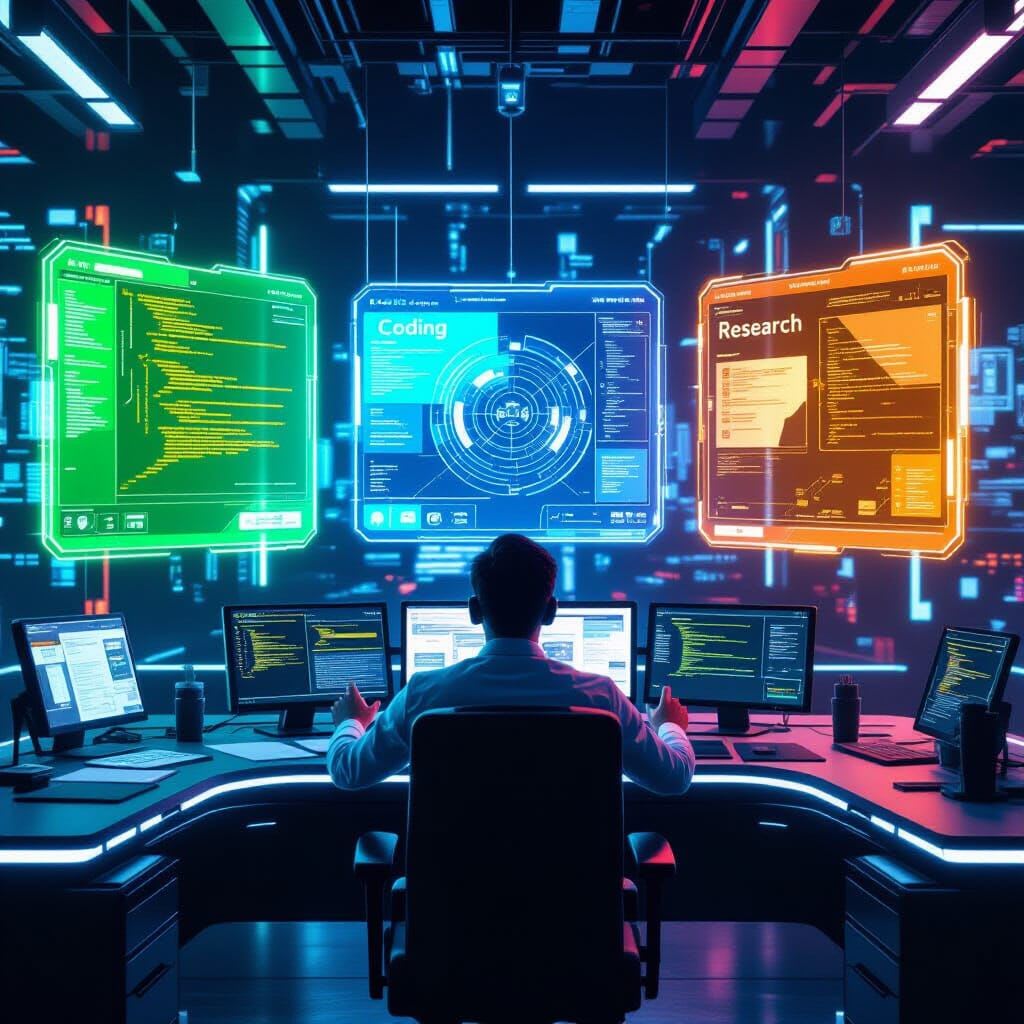 Futuristic concept art. A multi-domain specialist sitting at a high-tech command center. The user is surrounded by three…