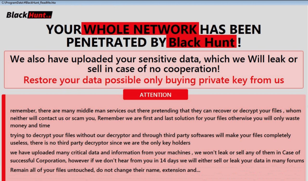 BlackHunt ransom note