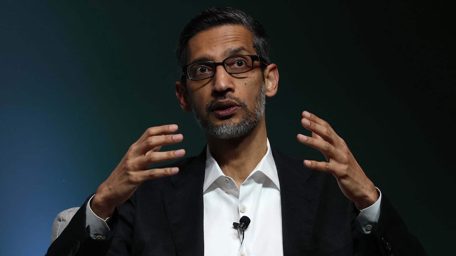 STANFORD, CALIFORNIA - APRIL 03: Google CEO Sundar Pichai speaks during the Stanford Business, Government, and Society Forum at Stanford University on April 03, 2024 in Stanford, California. Pichai spoke at Stanford’s first Business, Government, and Society Forum with the theme of responsible leadership in a polarized world. (Photo by Justin Sullivan/Getty Images)