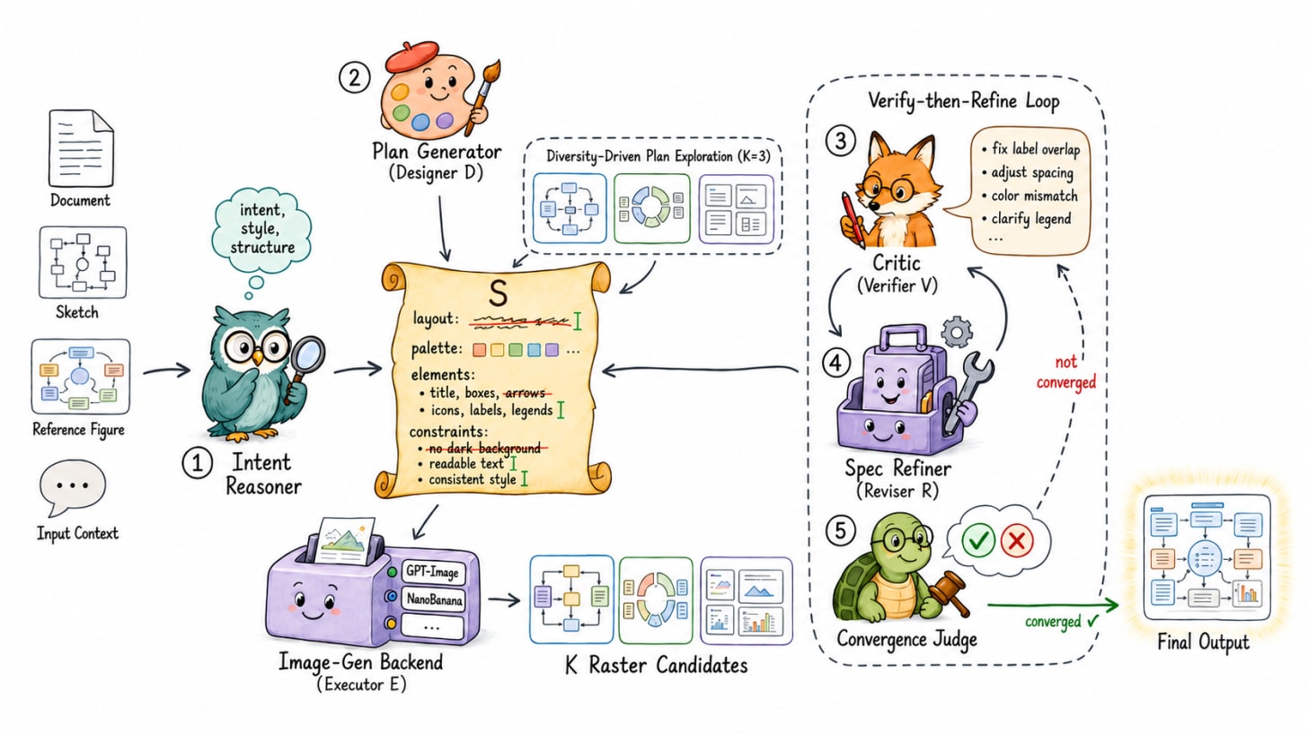 Crafter coordinates four specialized agents: an intent reasoner interprets user intent into semantic structure; a plan generator proposes multiple candidate plans; an image generator renders each plan; a critic evaluates all options against the intent and feeds back to refine plans.