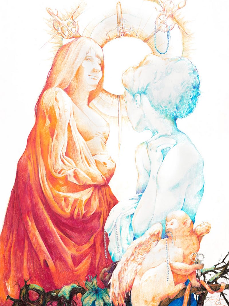 Hand-drawn art of two women, one orange and one blue