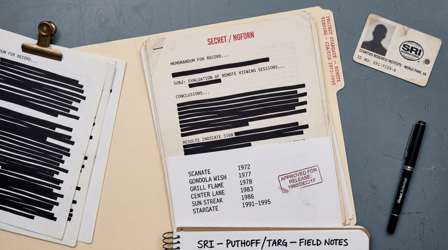 An overhead documentary photograph of declassified government documents arranged on a slate-gray institutional desk. A manila file folder labeled 