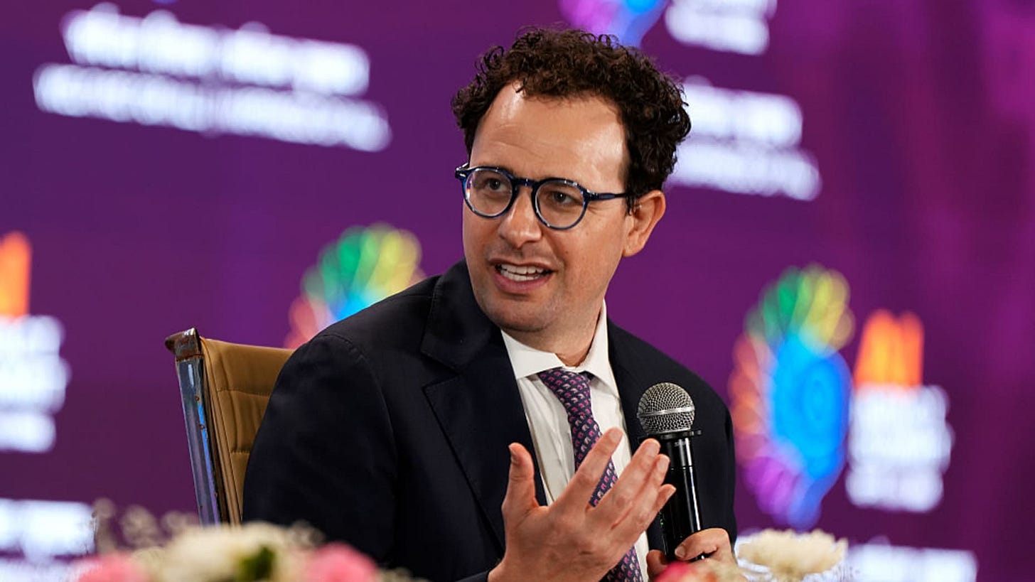 Dario Amodei, chief executive officer of Anthropic, at the AI Impact Summit in New Delhi, India, on Thursday, Feb. 19, 2026. India kicked off one of the world's largest artificial intelligence summits this week as Prime Minister Narendra Modi seeks to make the country an AI hub amid intense competition to develop frontier models. Photographer: Ruhani Kaur/Bloomberg via Getty Images