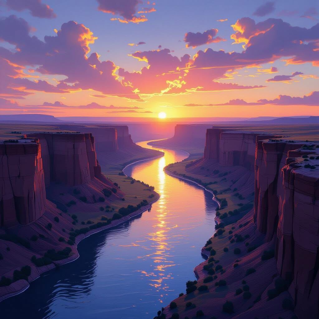 Two powerful rivers flowing perfectly side-by-side through a grand canyon, their currents synchronized as they carve par… Two powerful rivers flowing perfectly side-by-side through a grand canyon, their currents synchronized as they carve par…