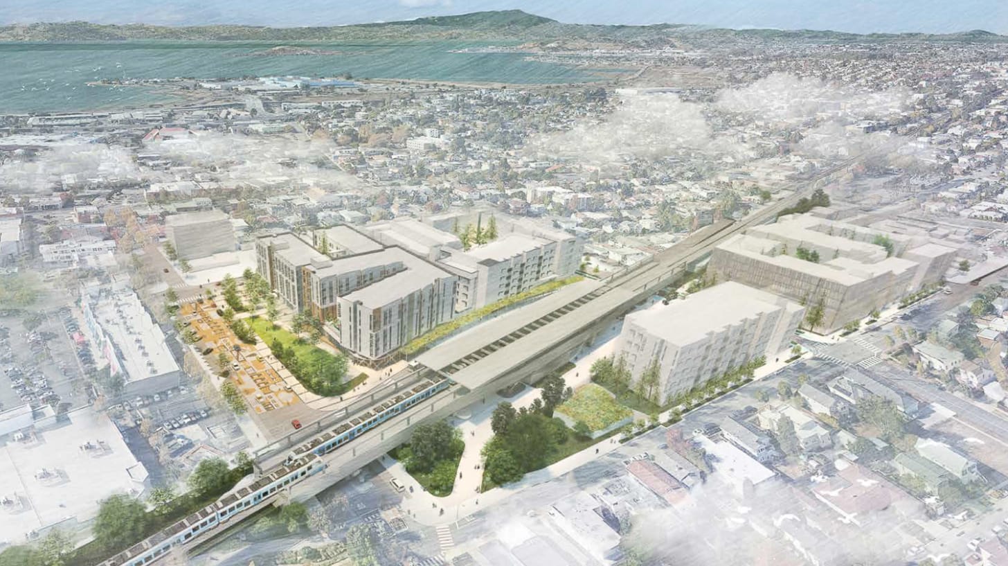 A large new development next to a BART station.