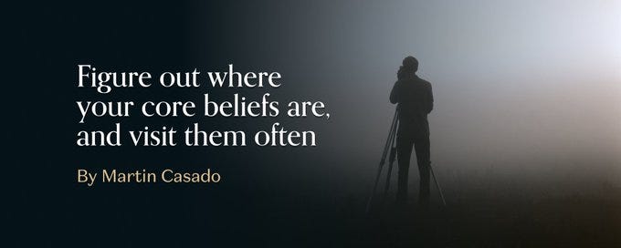 Silhouette of a photographer with a tripod in fog beside text about figuring out your core beliefs