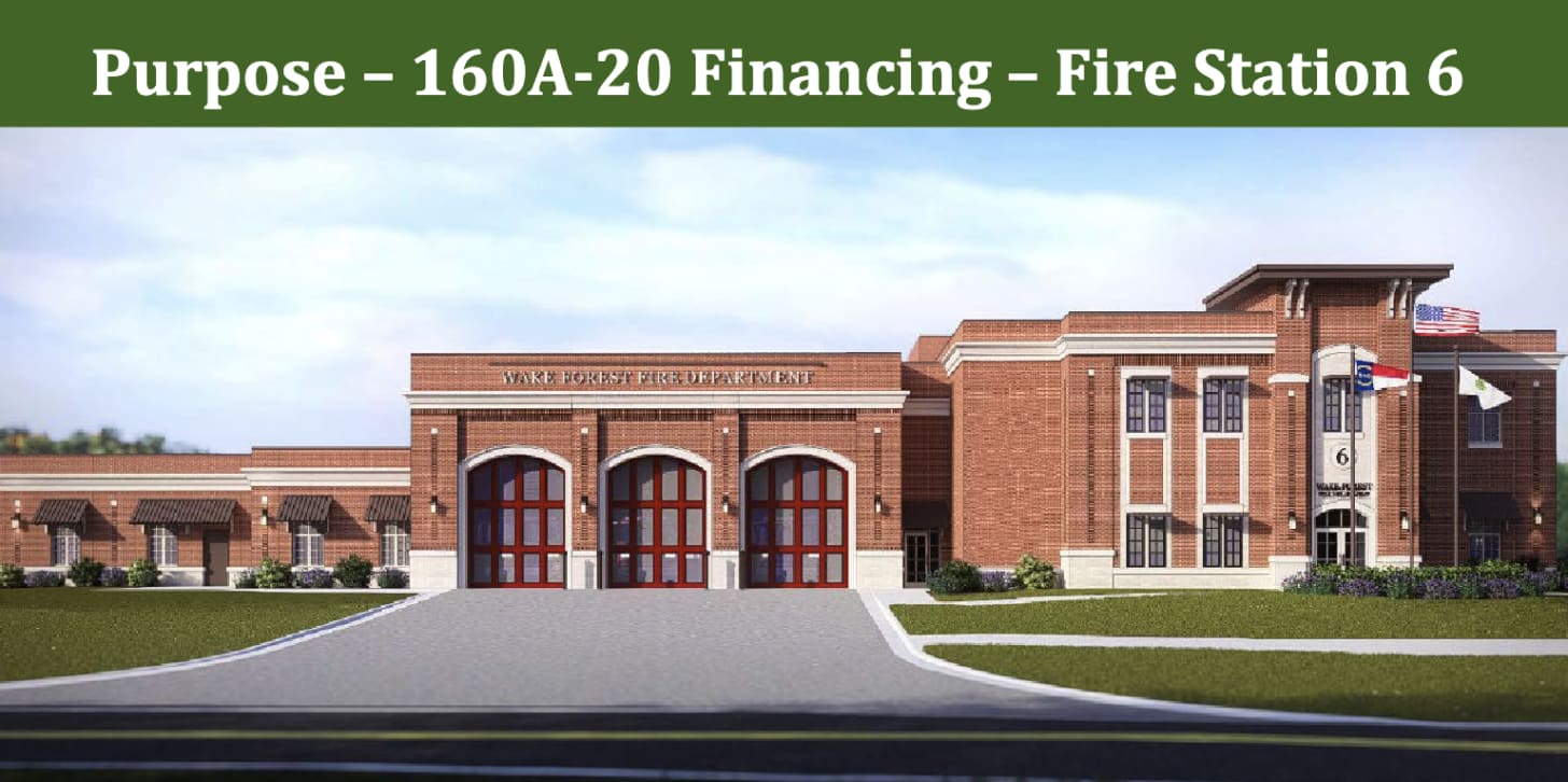 An architectural rendering of a red brick fire station under a green header reading "Purpose – 160A-20 Financing – Fire Station 6." The building features three large red garage doors with "Wake Forest Fire Department" written above them. To the right is a two-story section with a pedestrian entrance marked with the number "6," alongside flagpoles flying the American and North Carolina flags. The scene is set against a blue sky with green landscaping in the foreground.