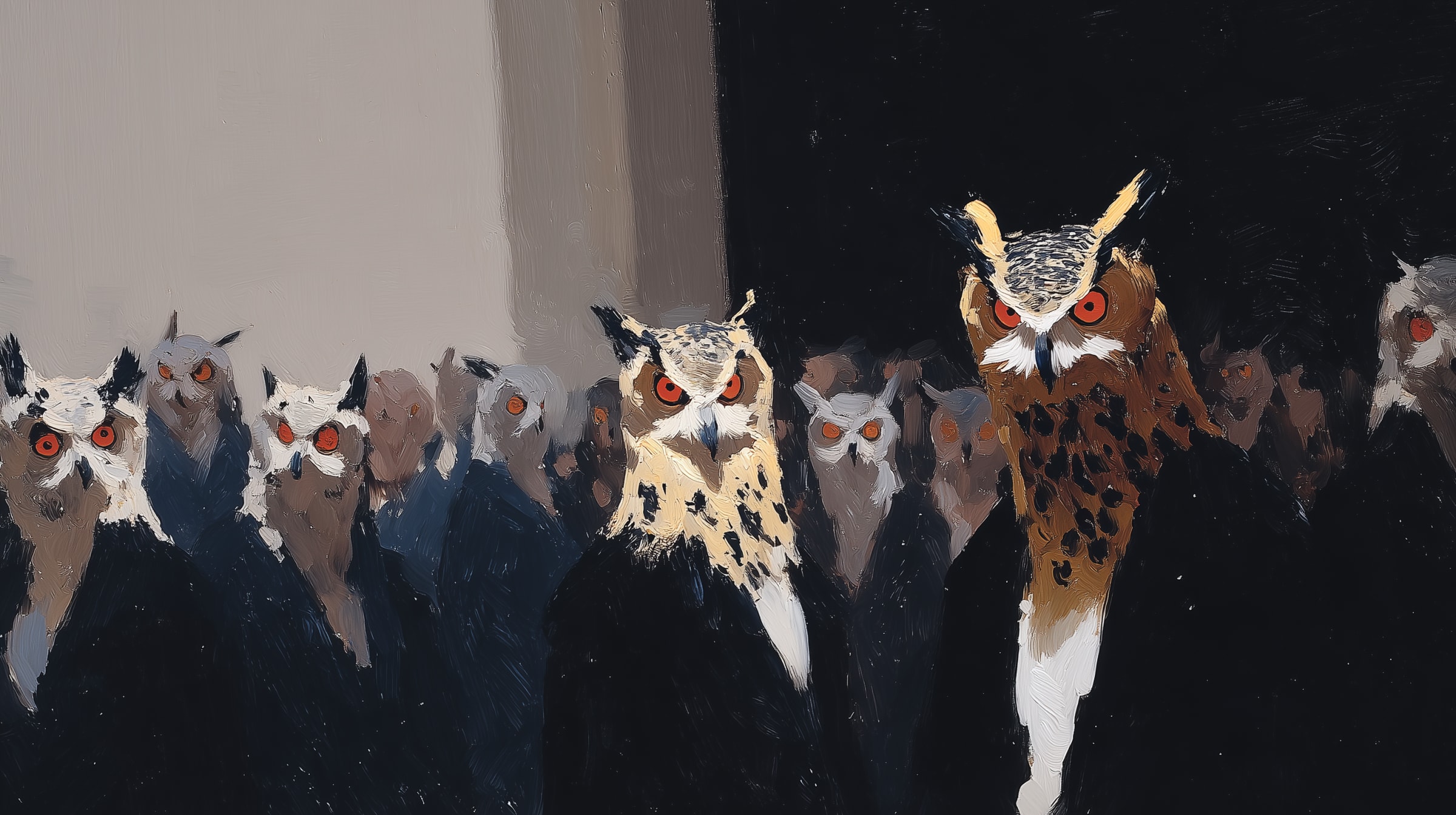 Group of owls with prominent orange eyes perched together.