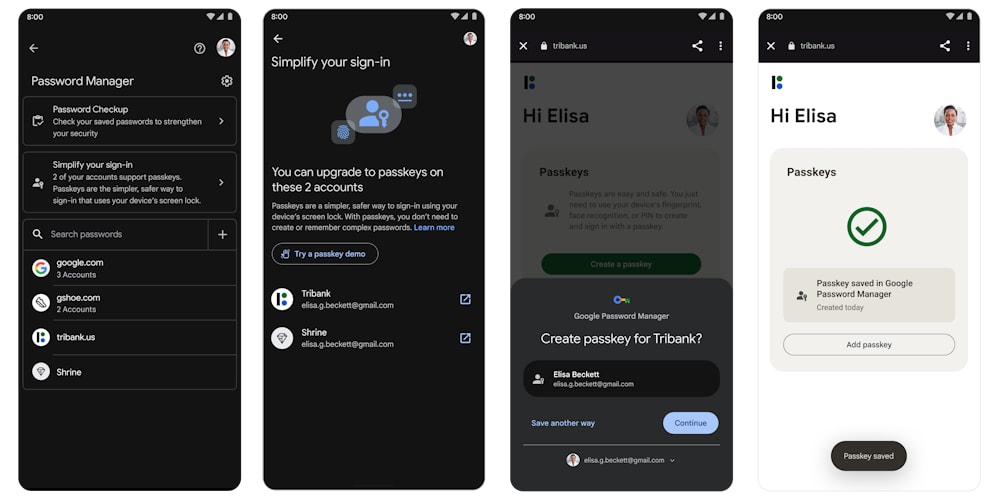Images showing steps to add a passkey via the Pixel password manager