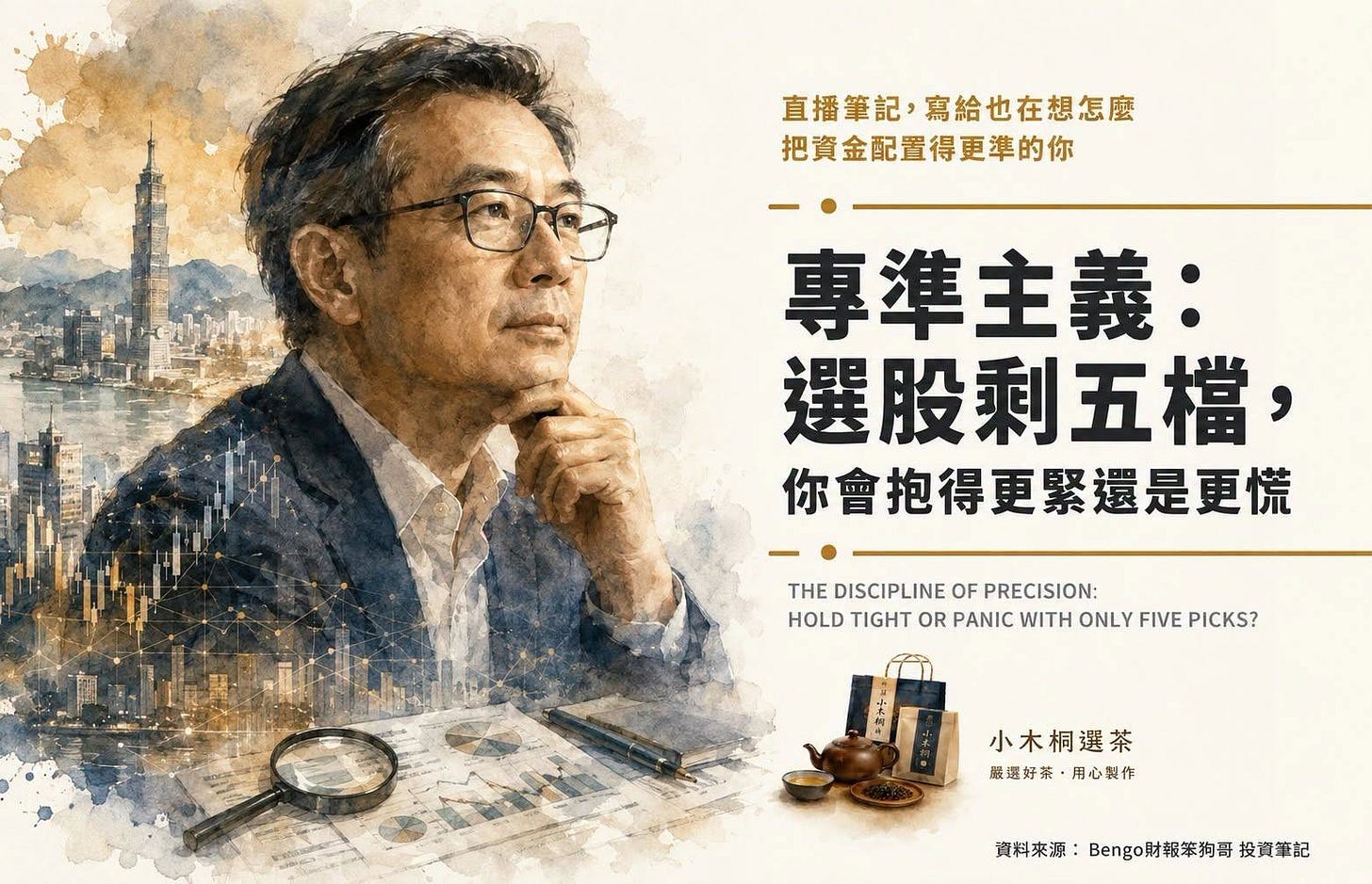 可能是顯示的文字是「直播筆記： 直播筆記，寫給也在想怎麽 寫給也在想怎麽 把資金配置得更準的你 專準主義： 選股剩五檔 你會抱得更緊還是更慌 THE DISCIPLINE THAFE THEDISCIPLINEOFPRECISION: OF PRECISION: HOLD TIGHT LDTIGHTORPANICWITHONLYFIYEPICKS? OR PANIC WITH ONLY FIVE PICKS? 小木桐選茶 嚴選好茶 嚴選好茶·用心製作 用心製作 資料來源 資料來源：Bengo財報器狗哥投資章を Bengo財報笨狗哥 投資筆記」的圖像