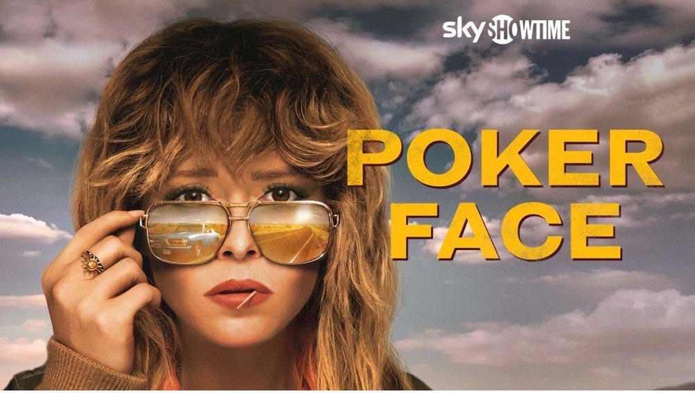 Poker Face with Natasha Lyonne seeing her blue muscle car and the open road reflecting in her glasses.