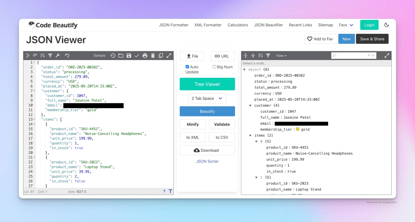 JSON Viewer tool displaying a structured e-commerce order with customer and product data in both raw and tree views. JSON Viewer tool displaying a structured e-commerce order with customer and product data in both raw and tree views.
