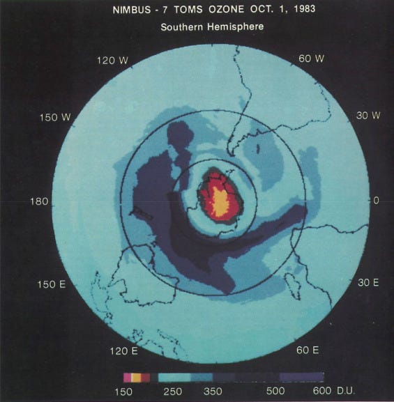Satellite ozone map of Antarctic ozone hole, 1983.