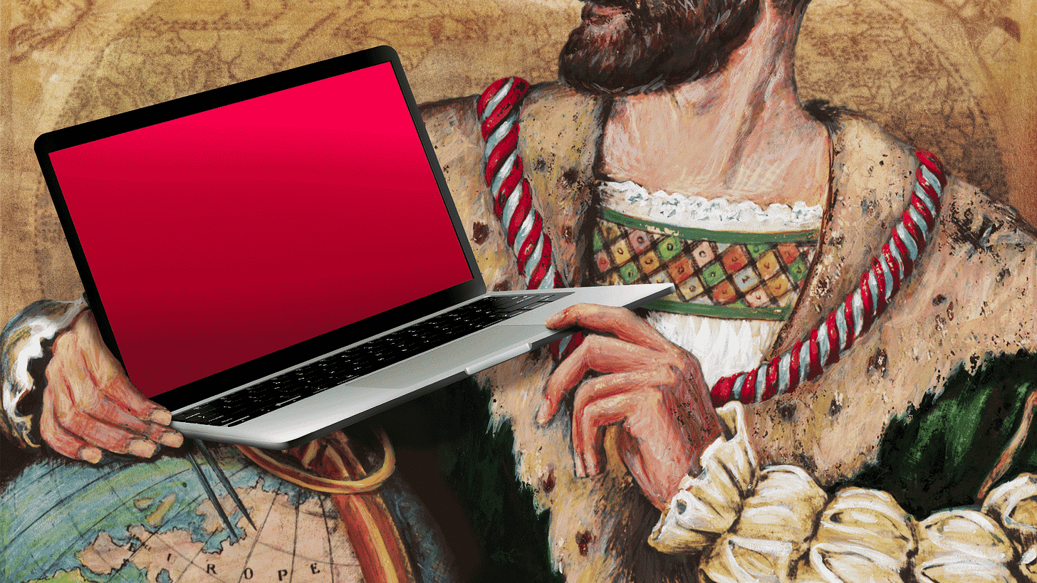 Animated gif of a colonial painting featuring a sailor holding a laptop with a blinking cursor