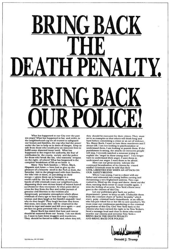 Trump Will Not Apologize for Calling for Death Penalty Over Central Park  Five - The New York Times