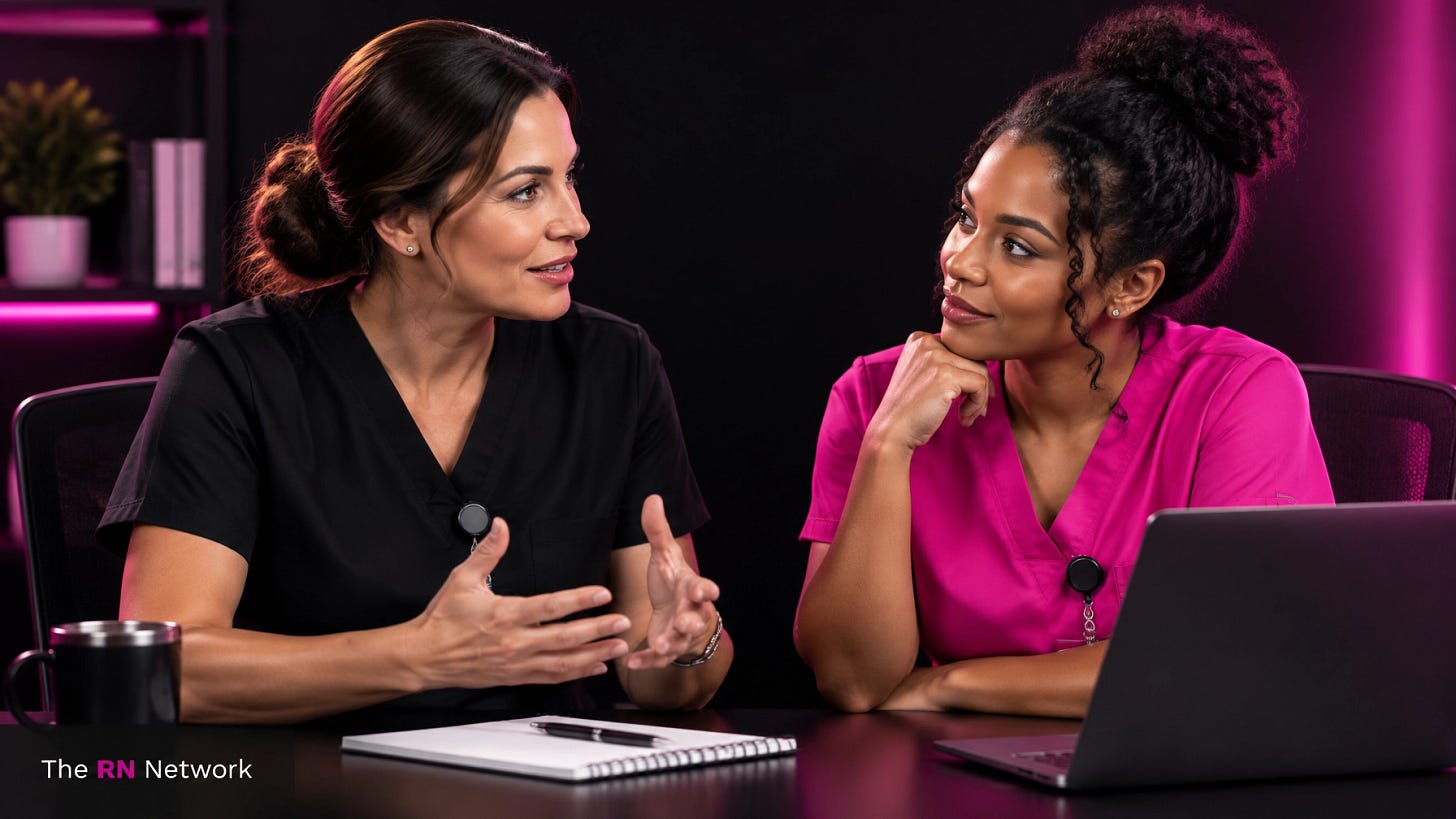 Two nurses discussing career sponsorship in a modern hospital office, with The RN Network logo