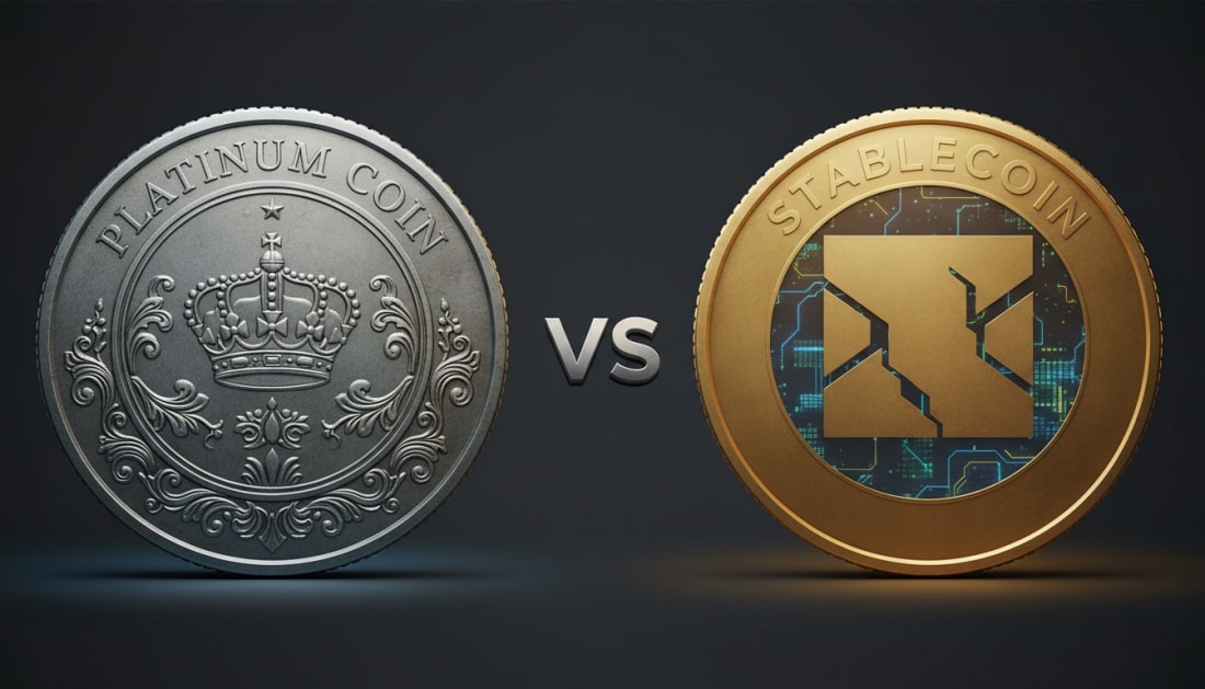Illustration of two coins facing each other, one labeled “Platinum Coin” with a traditional metallic design, the other labeled “Stablecoin” with a modern digital pattern, with “vs” displayed between them.