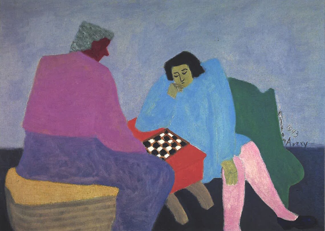 May include: A painting of two people playing chess. The person on the left is wearing a purple shirt and blue pants. The person on the right is wearing a blue shirt and pink pants. The chessboard is on a red table.